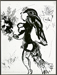 Marc Chagall: Original-Lithographie 'L'offrande' (Das Geschenk) 1960, Frau mit Blumenstrauss, Sonne - Werke