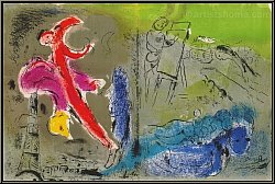 Marc Chagall: 'Vision von Paris' 1952, Original-Lithographie mit Eiffelturm, Liebespaar und malendem Knstler