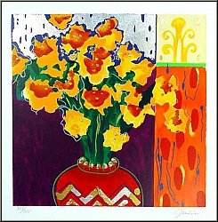 Liz Jardine: 'Firecracker' (Feuerwerk) Blumenstrau mit Vase, Osterglocken und Narzissen, Serigraphie - Werke