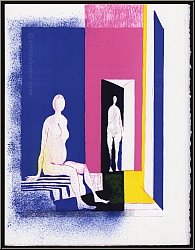 Paul Guiramand: Intrieur 1972, Original-Lithographie, Mann und Frau in leerem Zimmer, Surrealismus - Werke