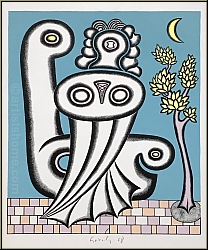 Arnold Leissler: Die Steinbank, 1968, Farblithographie, signiert, surreale Figur, Probedruck - Bilder | Drucke