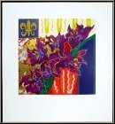 Liz Jardine: Lila Blumenstrau 'Firecracker' Serigraphie, handsigniert, violette Blten in Vase, Liliensymbol